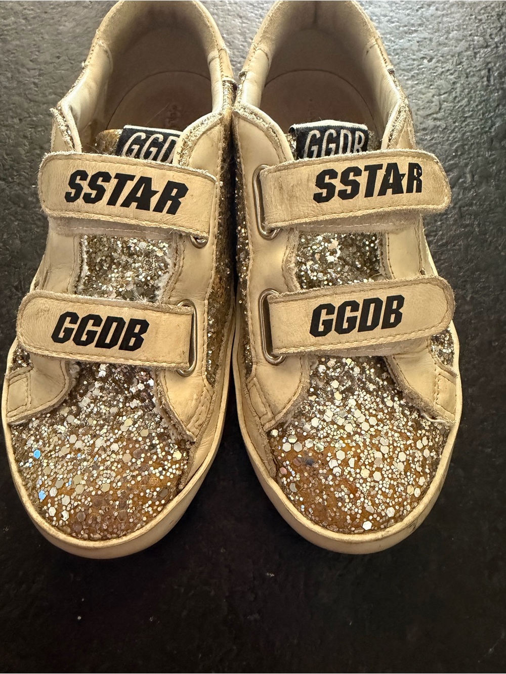 Golden Goose Kids Glitter Velcro Sneakers — Gold & Cream